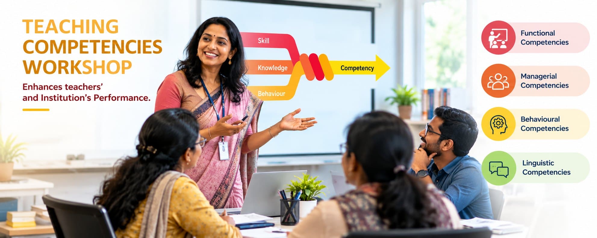 Teaching Competencies Workshop: enhances teachers’ and institution’s performance. A facilitator explains how skill, knowledge and behaviour combine into competency, beside functional, managerial, behavioural and linguistic competencies.